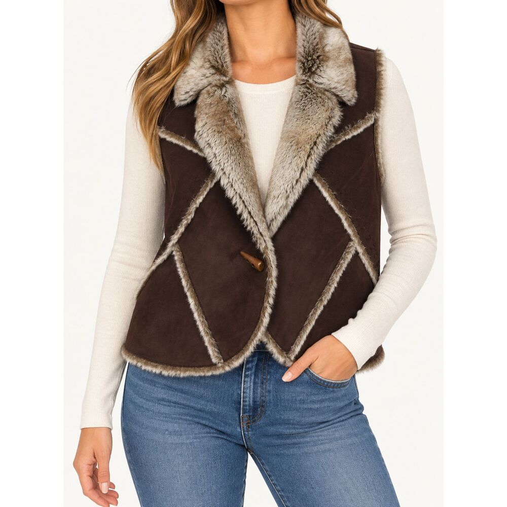 Faded Glory Y2K Faux Suede Fur Vest Womens M Brown Boho Western 2000s Vintage